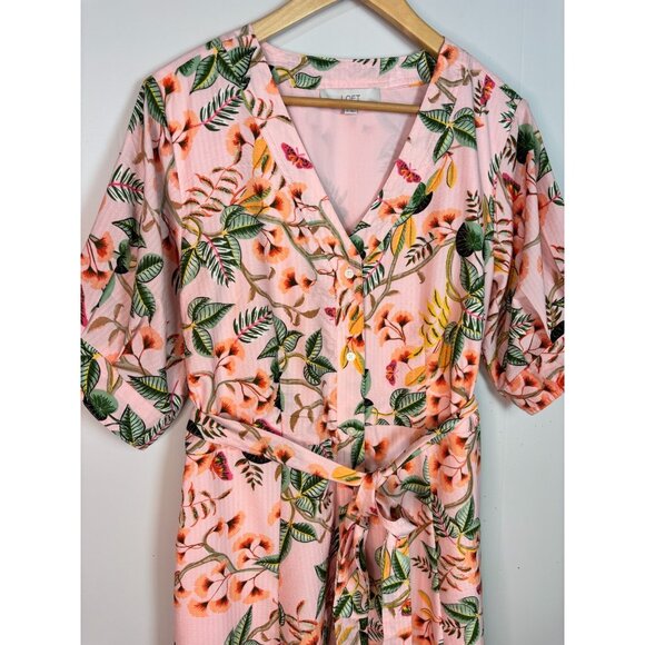 LOFT Midi Shirt Dress 10 Peach Pink Tropical Floral Button-Through Belted - Picture 2 of 10